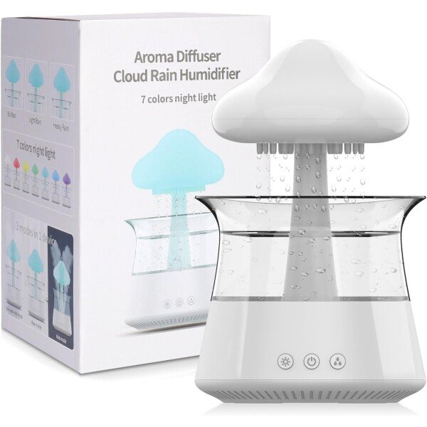 Humidificador de lluvia de nube para dormitorio y habitación grande, humidificador de goteo de agua con lámpara de cascada remota, humidificador de hongos, sonidos de lluvia, humidificador de ruido