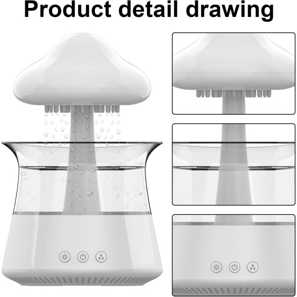 Humidificador de lluvia de nube para dormitorio y habitación grande, humidificador de goteo de agua con lámpara de cascada remota, humidificador de hongos, sonidos de lluvia, humidificador de ruido - Imagen 3