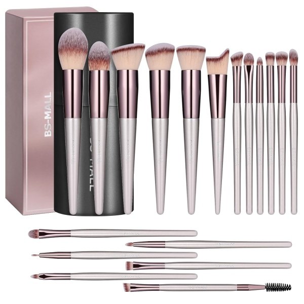 BS-MALL Juego de brochas de maquillaje, 18 piezas, base sintética de alta calidad, correctores de polvo, sombras de ojos, brochas de maquillaje con estuche negro