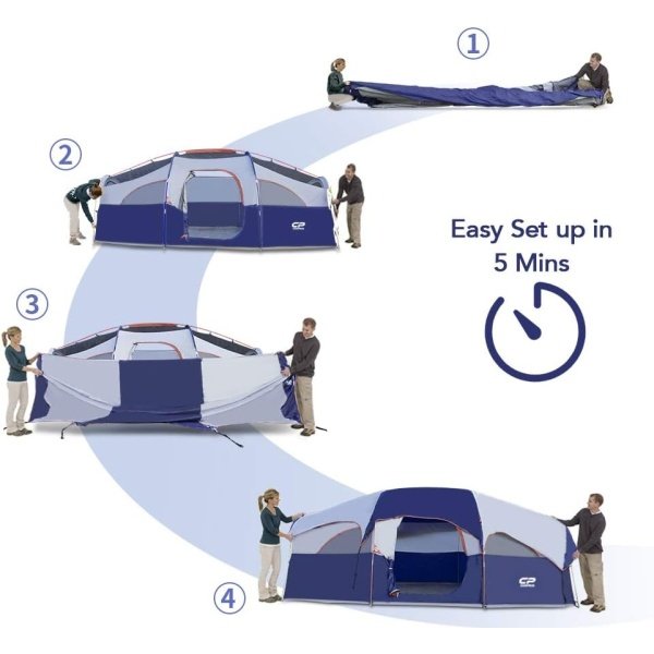 CAMPROS CP Tent 8 Person Camping Tents, Weather Resistant Family Tent, 5 Large Mesh Windows, Double Layer, Divided Curtain for Separated Room, Portable with Carry Bag - Image 2