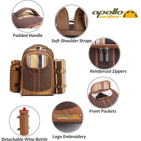 apollo walker Picnic Backpack Bag for 2 Person with Cooler Compartment, Detachable Bottle/Wine Holder, Fleece Blanket, Plates and Cutlery(2 PERSON, BROWN) - Imagen 3