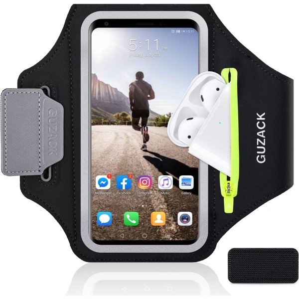 GUZACK Running Armband for iPhone 15 14 13 12 11 Pro Max/14 Plus/XR/XS/X, Galaxy S23/S22/S21, with Airpods Pouch Card Slot & Key Pockets, Sports Arm Bands Cell Phone Holder Fit Up to 6.9 Inches Phone