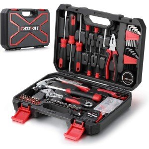 Eastvolt 128-Piece Home Repair Tool Set, Tool Sets for Homeowners, General Household Hand Tool Set with Storage Toolbox, EVHT12801, Black + Red (ASK01)