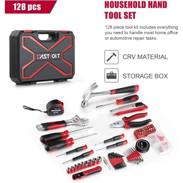 Eastvolt 128-Piece Home Repair Tool Set, Tool Sets for Homeowners, General Household Hand Tool Set with Storage Toolbox, EVHT12801, Black + Red (ASK01) - Image 2
