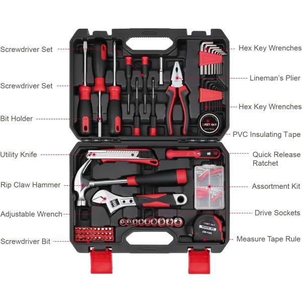 Eastvolt 128-Piece Home Repair Tool Set, Tool Sets for Homeowners, General Household Hand Tool Set with Storage Toolbox, EVHT12801, Black + Red (ASK01) - Image 3