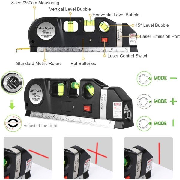 Laser Level Line Tool, Multipurpose Laser Level Kit Standard Cross Line Laser leveler Beam Tool with Metric Rulers 8ft/2.5M for Picture Hanging cabinets Tile Walls by AikTryee. - Imagen 3