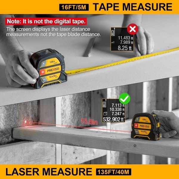 PREXISO 2-in-1 Laser Tape Measure - NOT DIGITAL TAPE - 135Ft Rechargeable Laser Measurement Tool & 16Ft Measuring Tape Movable Magnetic Hook - Pythagorean, Area, Volume, Ft/Ft+in/in/M Unit-NOT Digital - Image 2