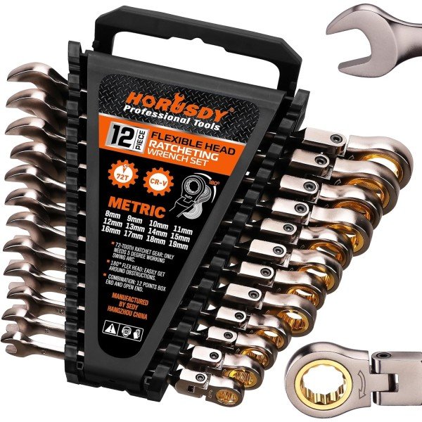 HORUSDY 12-Piece Metric Flex-Head Ratcheting Wrench Set Set with Organizer | 8-19 mm Ratchet Combination Wrenches Set | 72-Teeth | Chrome Vanadium Steel
