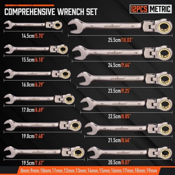 HORUSDY 12-Piece Metric Flex-Head Ratcheting Wrench Set Set with Organizer | 8-19 mm Ratchet Combination Wrenches Set | 72-Teeth | Chrome Vanadium Steel - Image 3