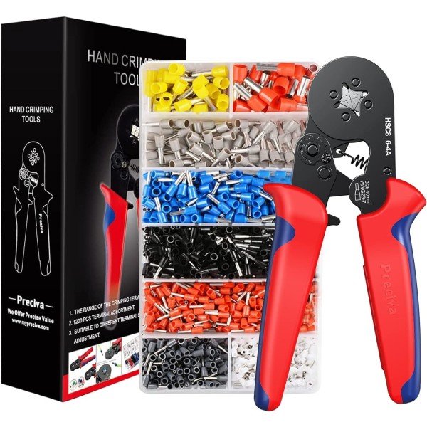 Ferrule Crimping Tool Kit, Preciva AWG23-7 Self-adjustable Ratchet Wire Crimping Tool Kit Crimper Plier Set with 1200PCS Wire Terminals Crimping Connectors Wire End Ferrules