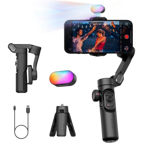 3-Axis Gimbal Stabilizer for Smartphone, Gimbal w/RGB Magnetic Fill Light Upgraded Face Tracking Focus Wheel Foldable iPhone Gimbal for iPhone/Android Phone Gimbal Vlog Recording Smart XE Kit