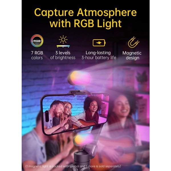 3-Axis Gimbal Stabilizer for Smartphone, Gimbal w/RGB Magnetic Fill Light Upgraded Face Tracking Focus Wheel Foldable iPhone Gimbal for iPhone/Android Phone Gimbal Vlog Recording Smart XE Kit - Image 3