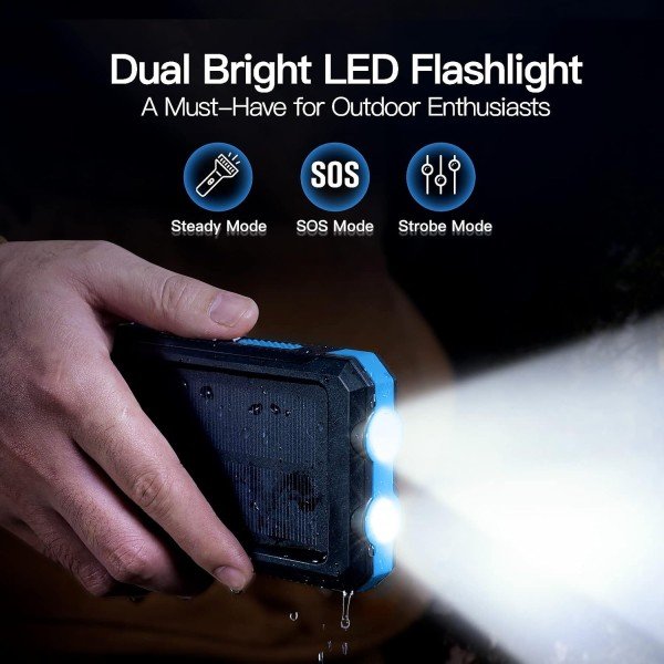 Portable Charger, Solar Charger, 38800mAh Solar Power Bank with 2.4A USB-A Output Ports Compatible with iPhone, Samsung Galaxy, and More, Dual Emergency LED Flashlight Perfect for Hiking, Camping - Image 3