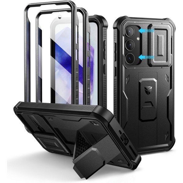 Dexnor for Samsung Galaxy A35-5G Case, [2 Front Frame] [Bulit-in Slide Camera Cover & Kickstand] Heavy Duty Military Grade Protection Shockproof Phone Case with Screen Protector, 6.6 inch Black