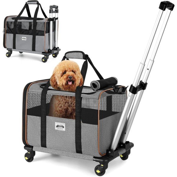 Lekereise Cat Carrier with Wheels for Small Pet, Airline Approved Dog Carrier with Wheels, Rolling Dog Cat Carrier, Grey