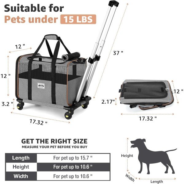 Lekereise Cat Carrier with Wheels for Small Pet, Airline Approved Dog Carrier with Wheels, Rolling Dog Cat Carrier, Grey - Imagen 3