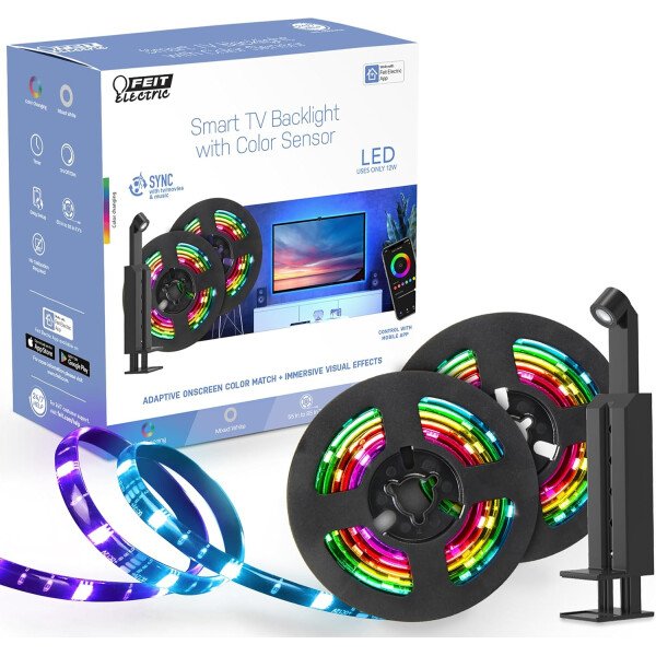 Feit Electric Retroiluminación de TV inteligente con cámara de sincronización de color, cinta LED de 11.5 pies para televisores de 55 a 85 pulgadas, retroiluminación Wi-Fi que cambia de color RGB, 12