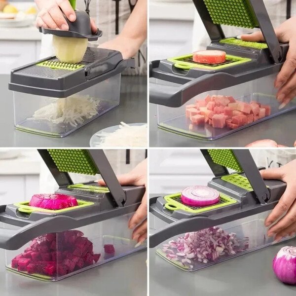 Picadora de verduras multifuncional 14/16 en 1, rallador de alimentos, rebanador de verduras, cortador de dados, artículos de cocina - Image 4