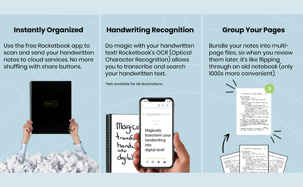 Rocketbook app - instantly organized, handwriting recognition, group pages when scanning