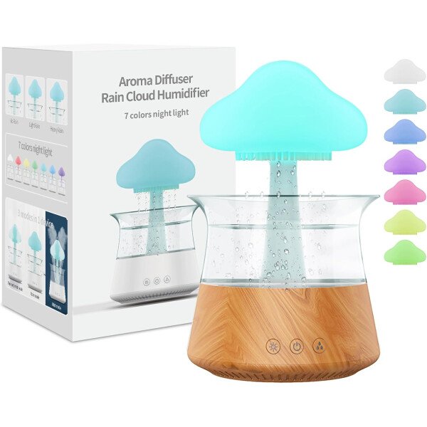Humidificador de gota de agua de lluvia, humidificador de lámpara de nube de hongos, difusores de aceite esencial, difusores de aromaterapia de ruido blanco de 10.1 fl oz con luces de nube de 7
