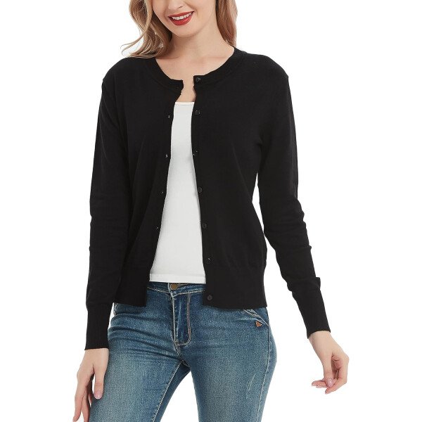 Women's Crew Neck Button Down Long Sleeve Cardigan Sweater