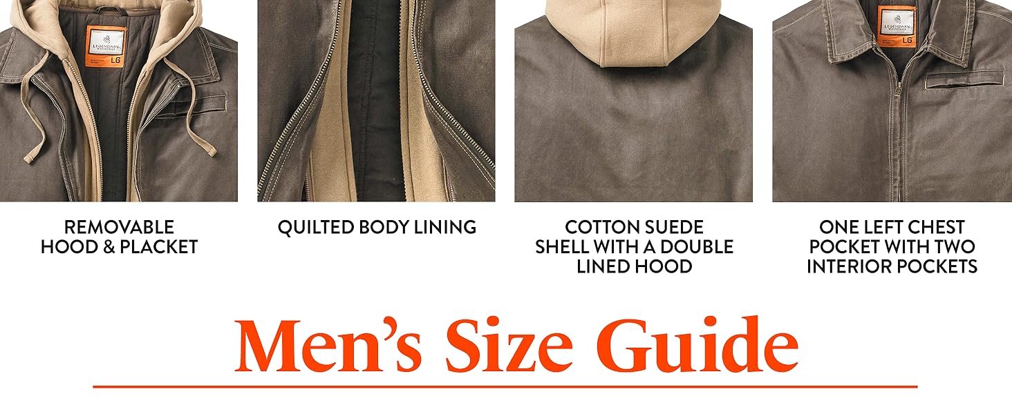 removable hood, quilted body lining, cotton suede shell, double lined hood, chest pockets, jacket
