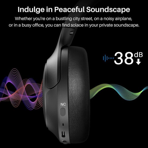 TOZO HT2 Auriculares híbridos con cancelación activa de ruido, auriculares inalámbricos Bluetooth sobre la oreja, tiempo de reproducción de 60 horas, ecualizador personalizado de audio de alta - Imagen 3