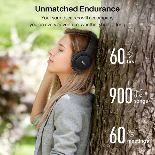 TOZO HT2 Auriculares híbridos con cancelación activa de ruido, auriculares inalámbricos Bluetooth sobre la oreja, tiempo de reproducción de 60 horas, ecualizador personalizado de audio de alta - Imagen 5