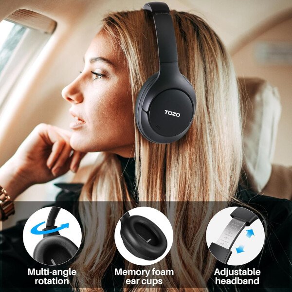 TOZO HT2 Auriculares híbridos con cancelación activa de ruido, auriculares inalámbricos Bluetooth sobre la oreja, tiempo de reproducción de 60 horas, ecualizador personalizado de audio de alta - Imagen 8