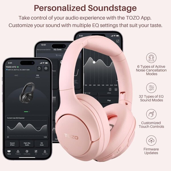 TOZO HT2 Auriculares híbridos con cancelación activa de ruido, auriculares inalámbricos Bluetooth sobre la oreja, tiempo de reproducción de 60 horas, ecualizador personalizado de audio de alta - Imagen 13