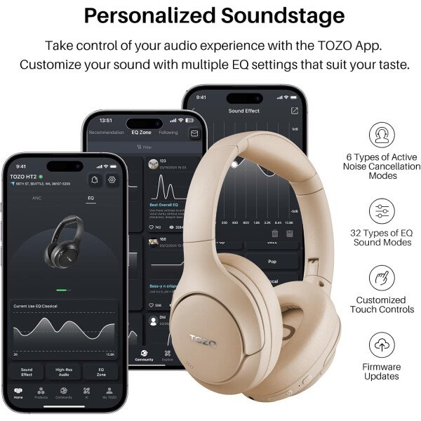 TOZO HT2 Auriculares híbridos con cancelación activa de ruido, auriculares inalámbricos Bluetooth sobre la oreja, tiempo de reproducción de 60 horas, ecualizador personalizado de audio de alta - Imagen 23