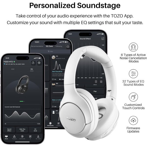 TOZO HT2 Auriculares híbridos con cancelación activa de ruido, auriculares inalámbricos Bluetooth sobre la oreja, tiempo de reproducción de 60 horas, ecualizador personalizado de audio de alta - Imagen 31