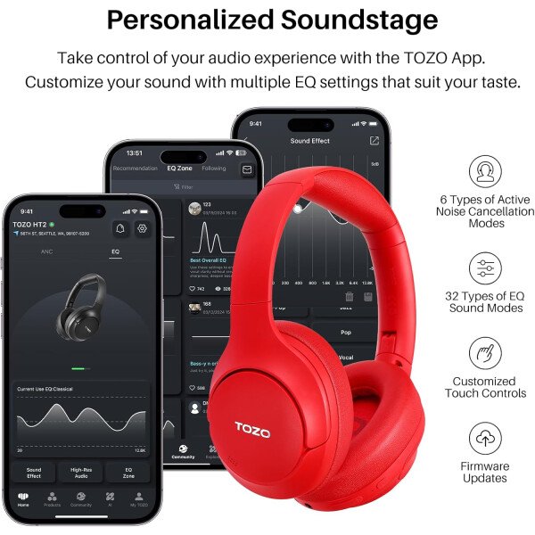 TOZO HT2 Auriculares híbridos con cancelación activa de ruido, auriculares inalámbricos Bluetooth sobre la oreja, tiempo de reproducción de 60 horas, ecualizador personalizado de audio de alta - Imagen 40