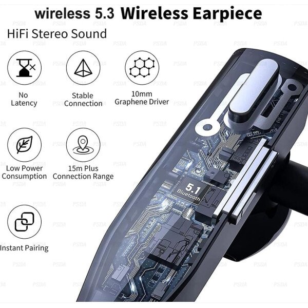 Auriculares de negocios Auriculares inalámbricos de un solo oído IPX7 impermeable Bluetooth 5.3 LED Conducción HD llamada sonido micrófono auricular solo auricular para oficina de negocios y - Imagen 6