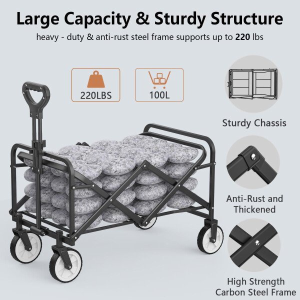 LUBBYGIM Carro plegable con gran capacidad, carrito utilitario resistente, plegable, carrito de jardín portátil para playa, camping, compras, deportes (negro, 1 año de garantía) - Image 3