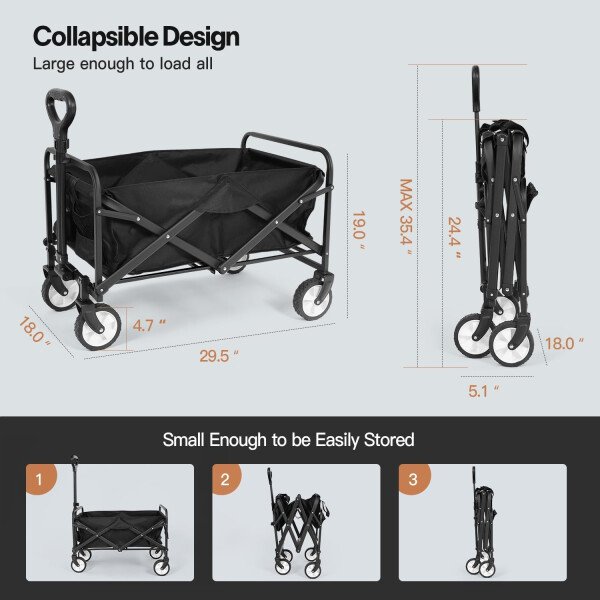LUBBYGIM Carro plegable con gran capacidad, carrito utilitario resistente, plegable, carrito de jardín portátil para playa, camping, compras, deportes (negro, 1 año de garantía) - Image 4