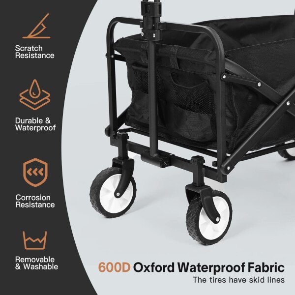 LUBBYGIM Carro plegable con gran capacidad, carrito utilitario resistente, plegable, carrito de jardín portátil para playa, camping, compras, deportes (negro, 1 año de garantía) - Image 7