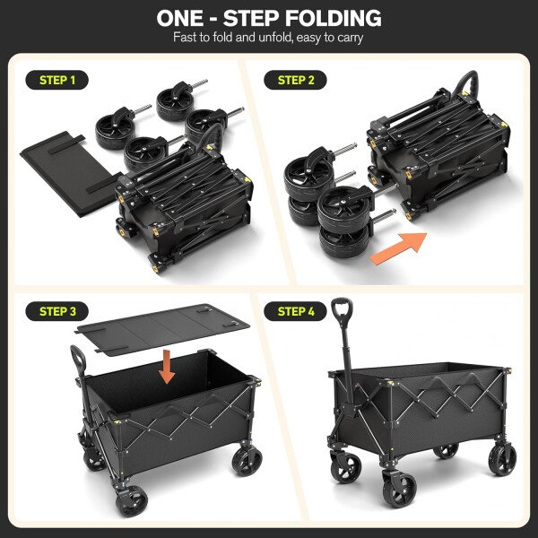 LUBBYGIM Carro plegable con gran capacidad, carrito utilitario resistente, plegable, carrito de jardín portátil para playa, camping, compras, deportes (negro, 1 año de garantía) - Image 14