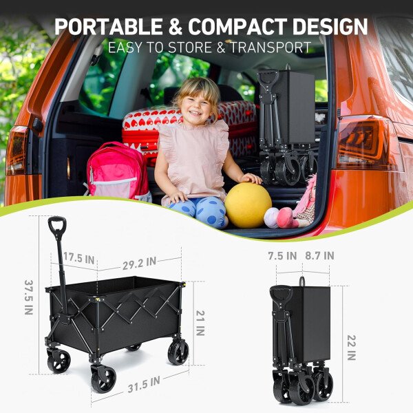 LUBBYGIM Carro plegable con gran capacidad, carrito utilitario resistente, plegable, carrito de jardín portátil para playa, camping, compras, deportes (negro, 1 año de garantía) - Image 15
