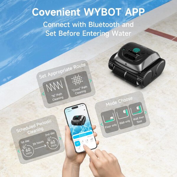 WYBOT OS7010C - Aspiradora robot de piscina C1, limpiador de piscina inalámbrico 4 en 1, 180 minutos hasta 1,614 pies cuadrados, soporte de aplicación inteligente, limpieza automática de paredes y - Image 5