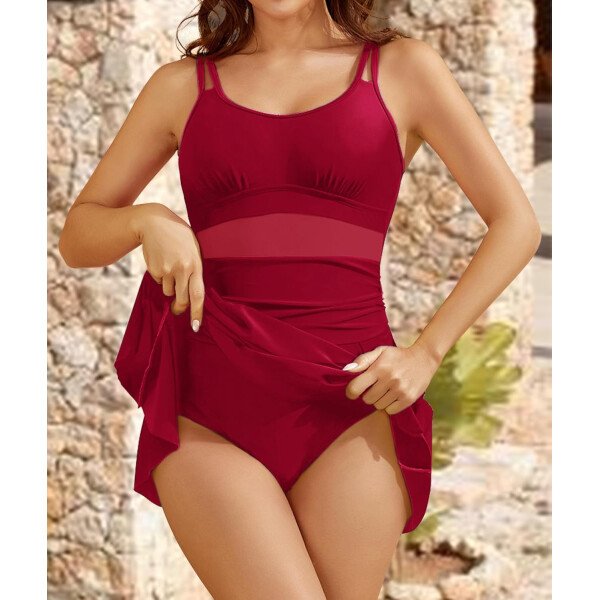 Vestidos de natación de una pieza para mujer, traje de baño con control de abdomen, tirantes ajustables, traje de baño, falda - Imagen 26