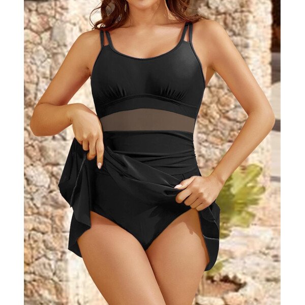 Vestidos de natación de una pieza para mujer, traje de baño con control de abdomen, tirantes ajustables, traje de baño, falda - Imagen 38