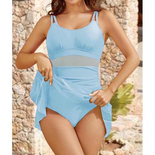 Vestidos de natación de una pieza para mujer, traje de baño con control de abdomen, tirantes ajustables, traje de baño, falda - Imagen 45