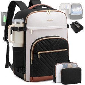 LOVEVOOK Mochila de viaje para mujer, mochila de transporte de 40 litros para aviones, bolsa de viaje para portátil de 17.3 pulgadas, Beige Negro Marrón, Classic