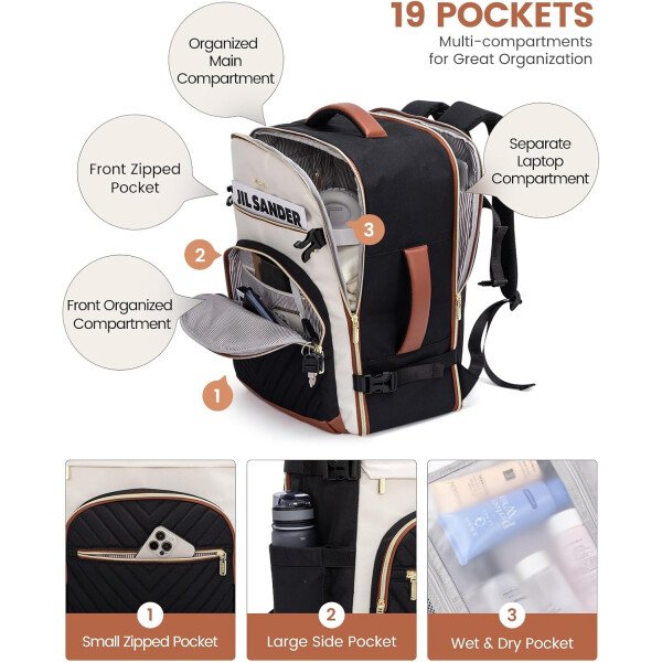 LOVEVOOK Mochila de viaje para mujer, mochila de transporte de 40 litros para aviones, bolsa de viaje para portátil de 17.3 pulgadas, Beige Negro Marrón, Classic - Image 4