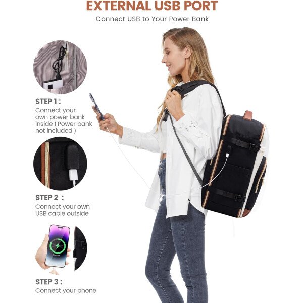 LOVEVOOK Mochila de viaje para mujer, mochila de transporte de 40 litros para aviones, bolsa de viaje para portátil de 17.3 pulgadas, Beige Negro Marrón, Classic - Image 6