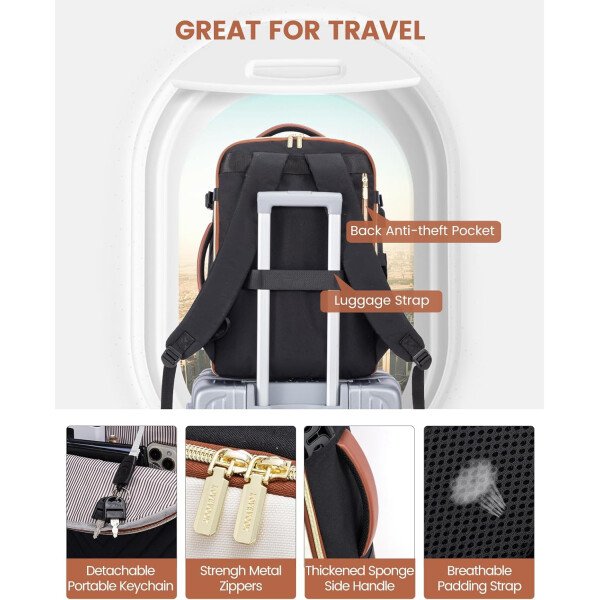LOVEVOOK Mochila de viaje para mujer, mochila de transporte de 40 litros para aviones, bolsa de viaje para portátil de 17.3 pulgadas, Beige Negro Marrón, Classic - Image 7