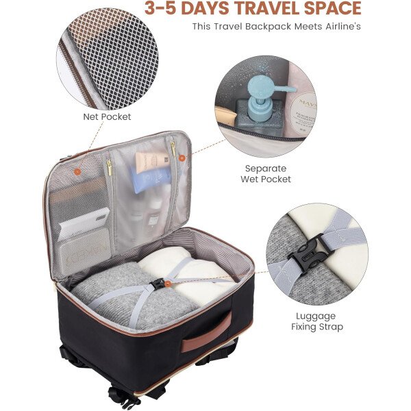 LOVEVOOK Mochila de viaje para mujer, mochila de transporte de 40 litros para aviones, bolsa de viaje para portátil de 17.3 pulgadas, Beige Negro Marrón, Classic - Image 9