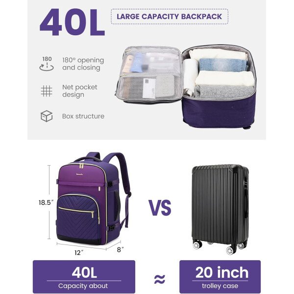 LOVEVOOK Mochila de viaje para mujer, mochila de transporte de 40 litros para aviones, bolsa de viaje para portátil de 17.3 pulgadas, Beige Negro Marrón, Classic - Image 12