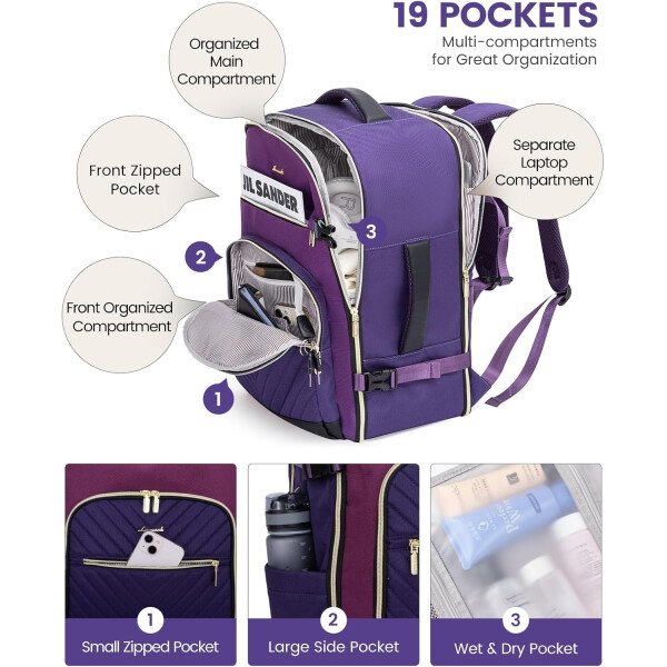 LOVEVOOK Mochila de viaje para mujer, mochila de transporte de 40 litros para aviones, bolsa de viaje para portátil de 17.3 pulgadas, Beige Negro Marrón, Classic - Image 13